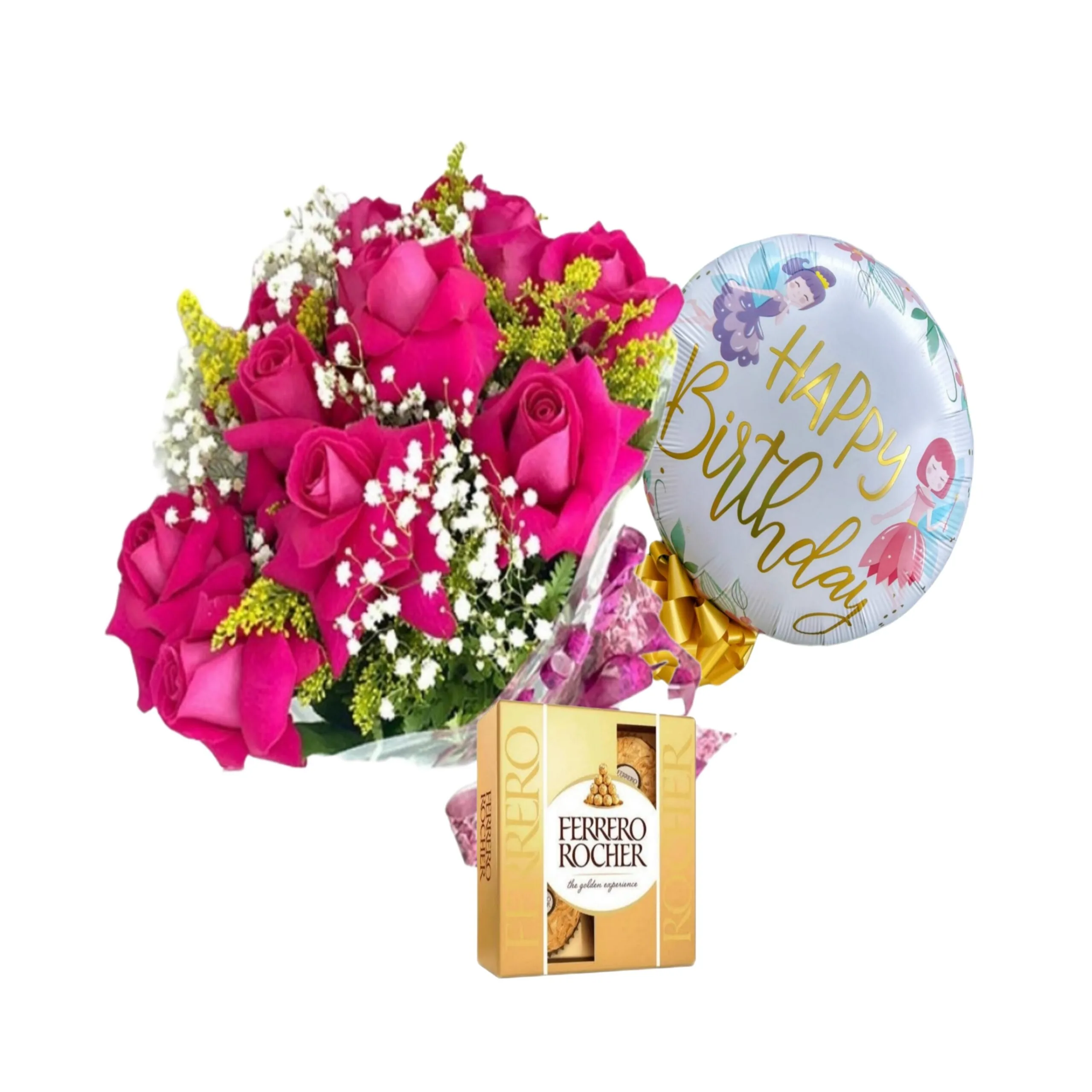 Buqu� de 12 Rosas Pink com Ferrero Rocher e Bal�o Fadinha