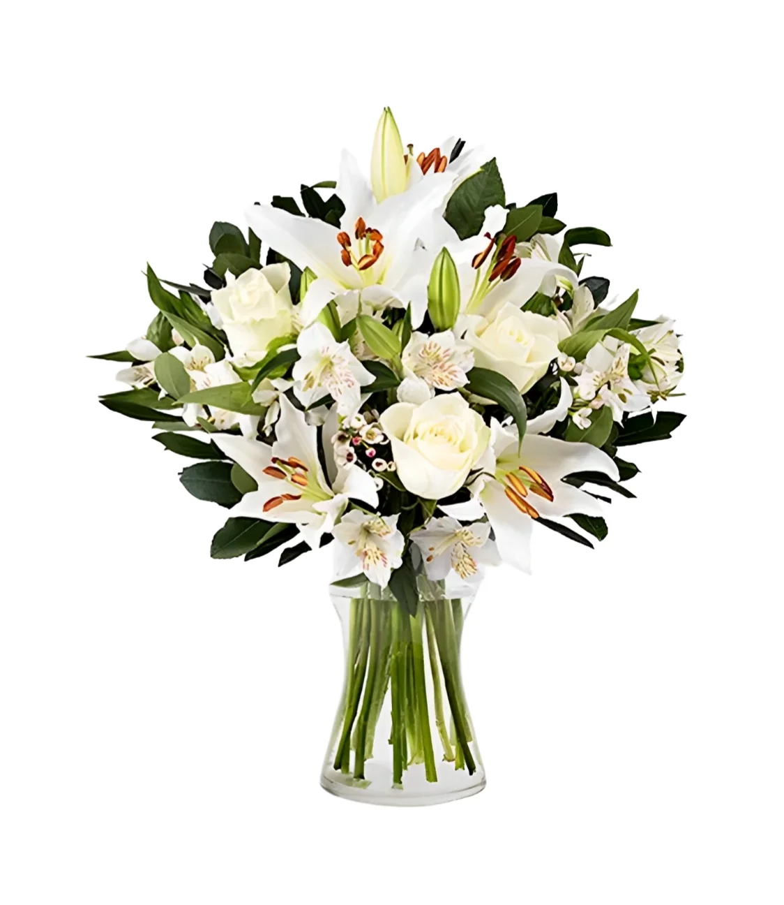Luxuoso Arranjo de L�rios com Astrom�lias e Rosas Brancas
